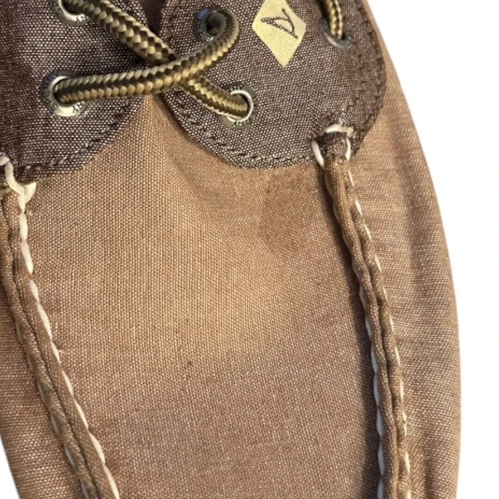 Sperry Men’s Top Siders Slip‎ On Boat Shoes Tan Canvas Leather Lace Up Size 8M